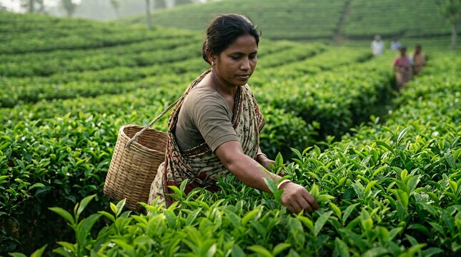 Elderly Indian woman plucking fresh green tea leaves in a lush plantation, wearing a saree and carrying a woven basket, representing traditional agricultural labor.