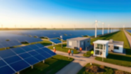 Fototapeta premium blurred wide-angle cinematic view of a large-scale renewable energy facility integrating solar panels and wind turbines during sunset.