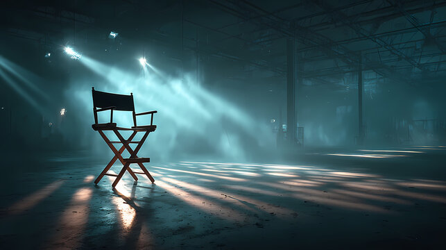 Empty Director's Chair on a Dramatic, Foggy Film Studio Set with Cinematic Lighting