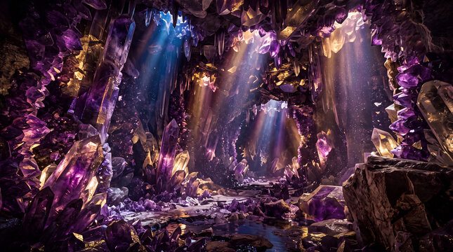 Natural purple amethyst crystal cavern interior illuminated by soft ethereal sunbeams entering from above to create a serene subterranean atmosphere suitable for fantasy design backgrounds.