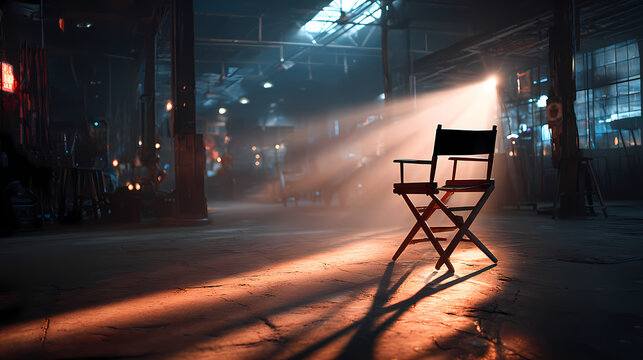 Empty Director's Chair on a Dramatic, Foggy Film Studio Set with Cinematic Lighting