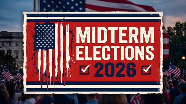 Midterm Elections 2026 graphic with American flag and crowd in the background.