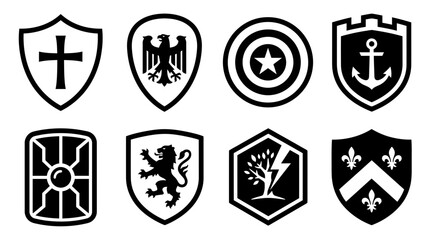 Set of various heraldic shield icons with different symbols and shapes in black and white. © love