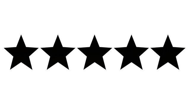 Isolated five black stars for best rating and customer review symbol design element.