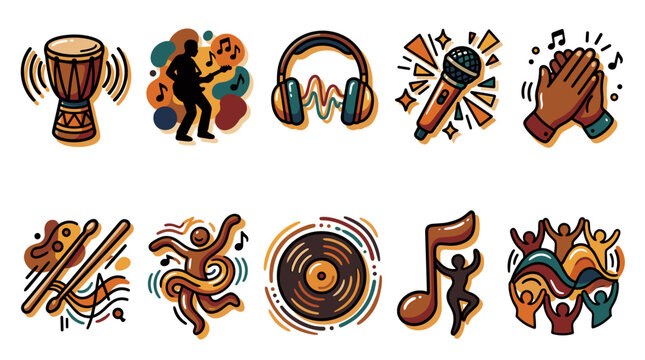 African Music and Creative Arts Colorful Icons Set