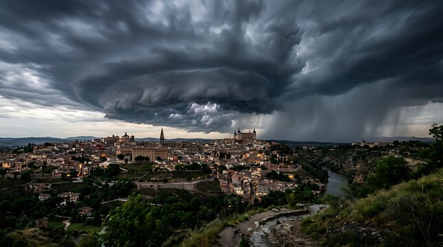 Dramatic supercell storm clouds looming over a historic hilltop city