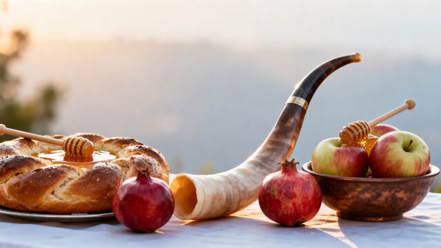 Rosh Hashanah Festive Table Setting with Round Challah, Shofar, Honey, and Apples Outdoors