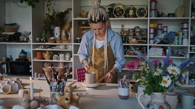 Woman potter corrects clay mug shape with brush at studio table