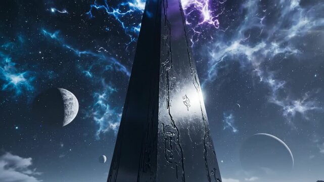 A towering alien monolith on a desolate planet with glowing energy at its base under a cosmic sky with moons.
