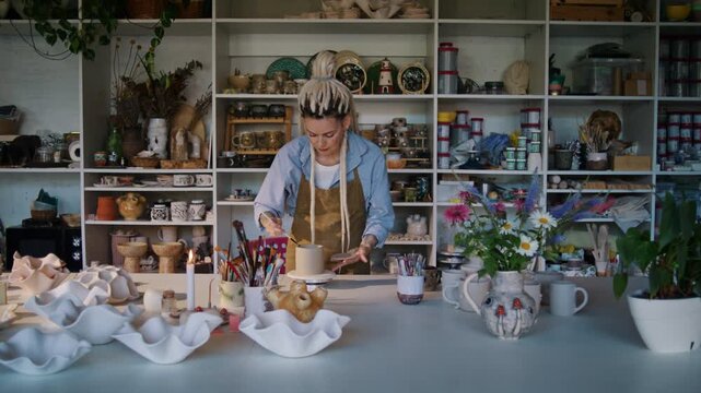 Woman artisan refines clay cup with brush among studio ceramics