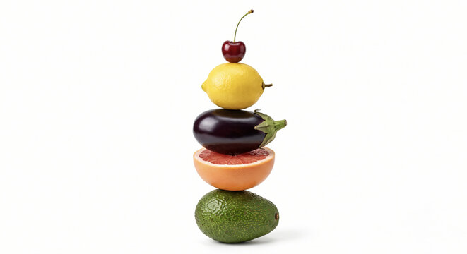 A creative stack of colorful fruits arranged vertically on a white bac