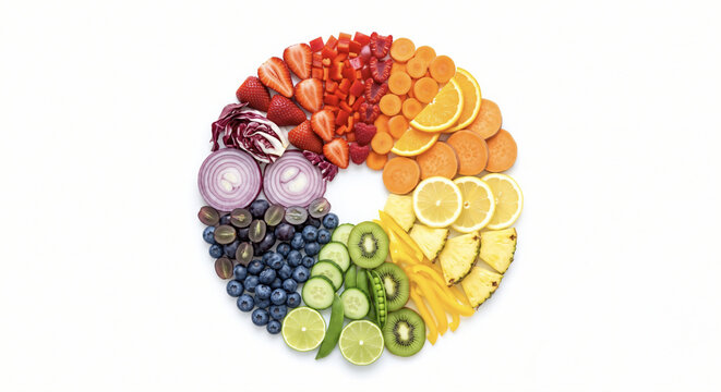 Colorful arrangement of various fruits and vegetables on a white backg