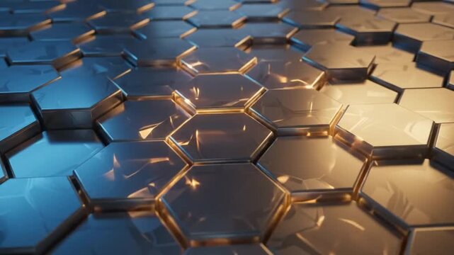 Abstract 3D background with metallic hexagon tiles and blue and orange lighting effects.