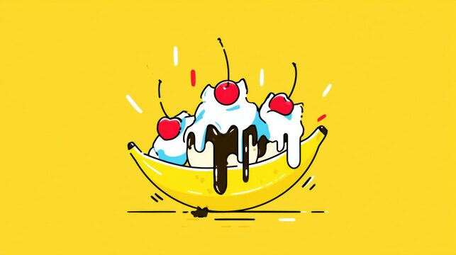 Banana split ice cream whipped cream chocolate sauce cherry dessert banana illustration