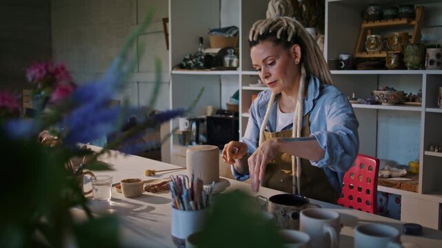 Lady potter smooths clay vessel rim with wooden spatula in studio