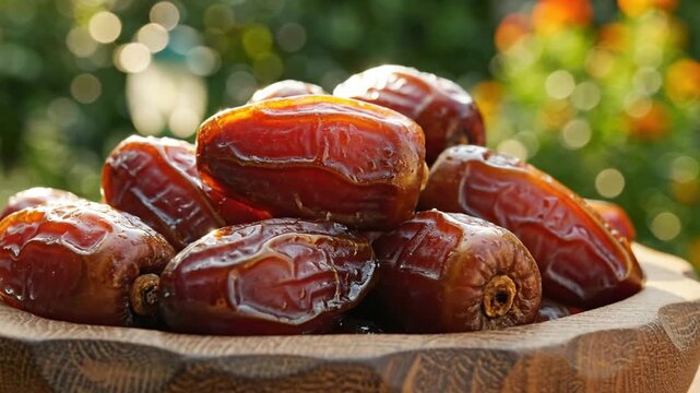 Sweet dried date fruits arranged in a wooden bowl for a healthy snack