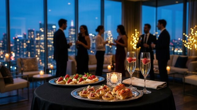 Champagne glasses, snacks, and appetizers on a table at an elegant city rooftop party during dusk.