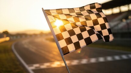 Fototapeta premium Auto sport victory with a chequered flag waving at the race track finish line against a sunset background.