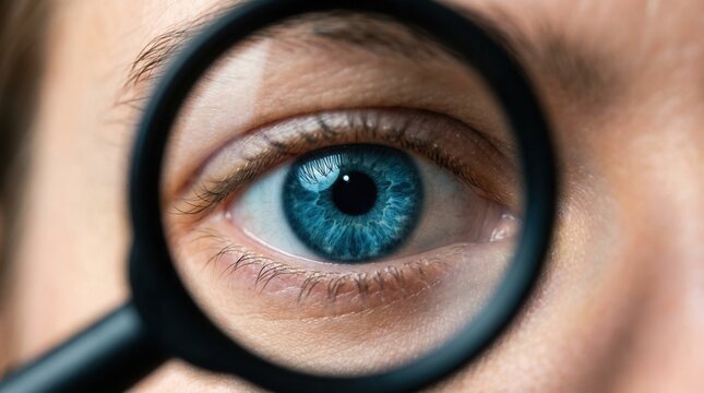 A person observes a subject through a circular lens with an extreme close up of the blue eye.