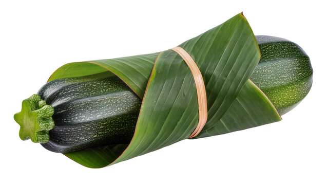Isolated fresh organic zucchinis wrapped in a natural banana leaf, tied with rustic string