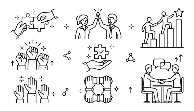 Business teamwork and corporate collaboration line icon set featuring partnership success puzzle solution handshake growth goals community unity