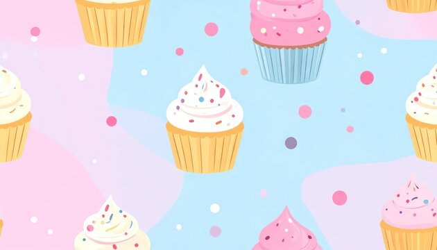 Sweet cupcake seamless pattern with pink and blue background.