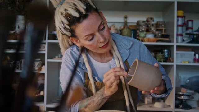 Potter smooths clay mug interior with brush in ceramic studio