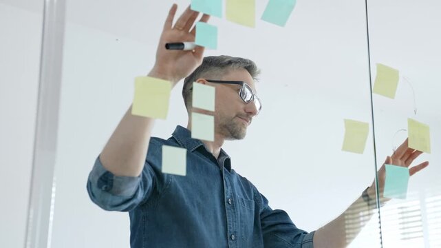 Businessman brainstorming new business strategies and workflow solutions, planning creative project ideas with sticky notes on a transparent glass board in an office