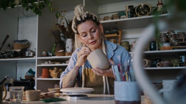 Lady potter smooths clay mug inner wall with brush in studio