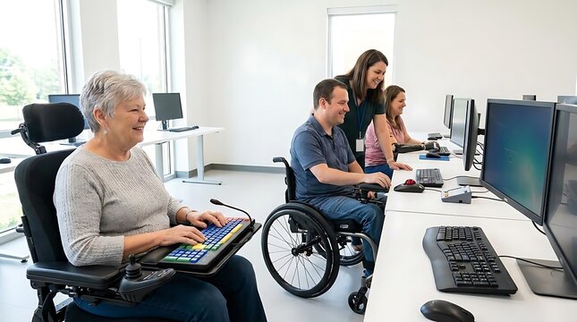 Inclusive computer lab with students in wheelchairs.
