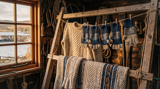Rustic Coastal Wool Workwear Drying in Island Boathouse with Traditional Fisherman Knitwear