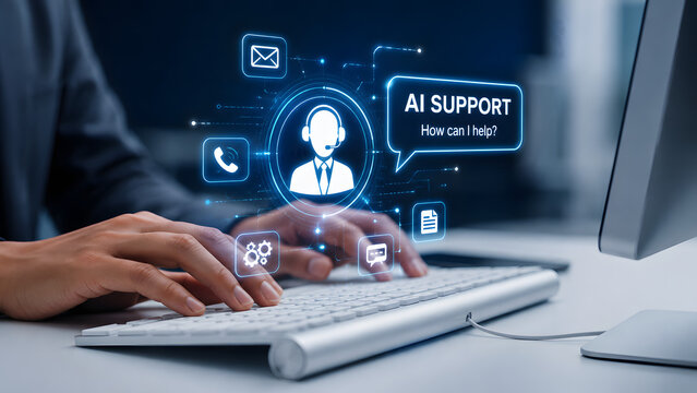 Business professional typing on keyboard with ai support holographic chat bubble for digital customer service and technical assistance.