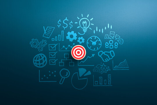 Target on wooden cube with Business Icons, Concept of Strategic Planning and Success