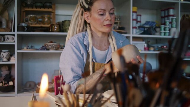 Female potter smooths clay cup surface near brushes and candle