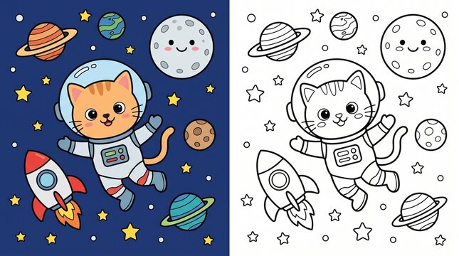 Cute astronaut cat floating in space coloring page with astronaut, coloring