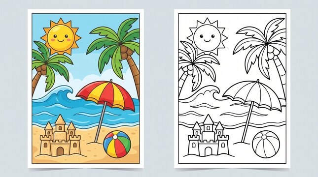 Summer beach day coloring page activity book for kids with coloring, sandcastle