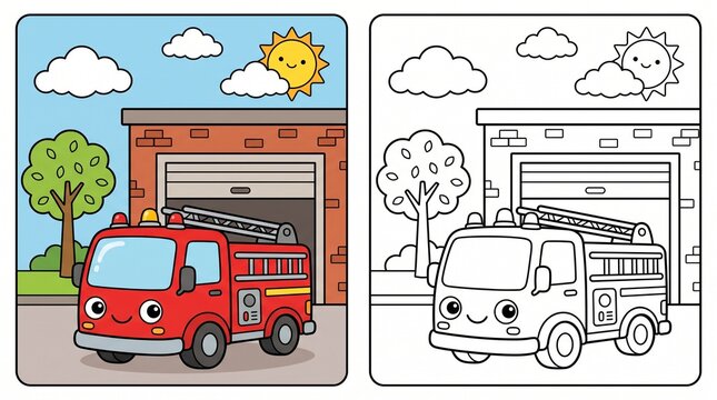 Cute cartoon fire truck at station coloring page for kids with emergency