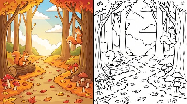 Squirrels in autumn forest coloring page with squirrel coloring activity