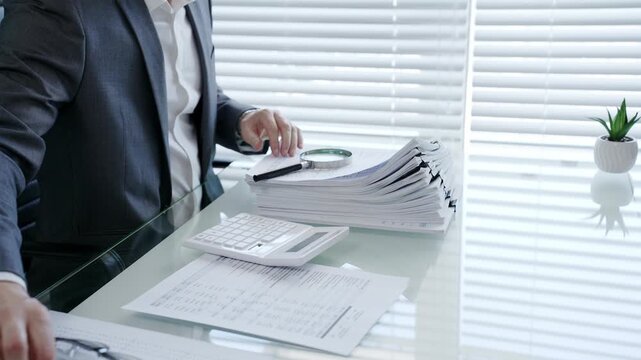 Professional accountant calculating financial data and analyzing reports, managing corporate finance, tax preparation, audit, accounting, and business administration