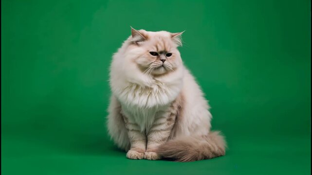 Fluffy long haired cat sitting on a green screen 4K video for video editing feline 4K video for video editing