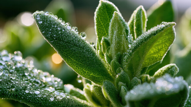 Macro close up mullein leaf dew water droplet green soft light shallow depth of field macro close up mullein leaf with dew water droplet green