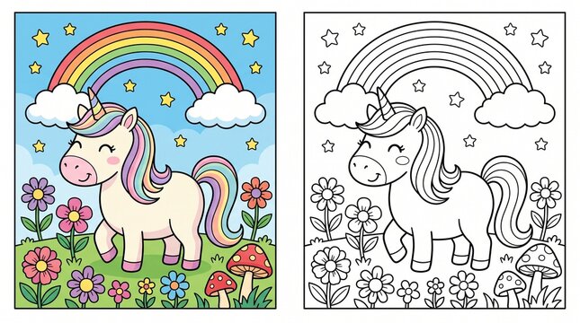 Cute unicorn rainbow coloring page with colored illustration coloring mushroom