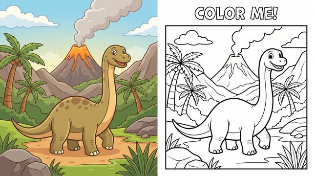 Coloring page activity with brachiosaurus dinosaur and volcano, coloring