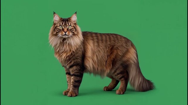 Full body profile view of fluffy maine coon cat standing 4K video for video editing
