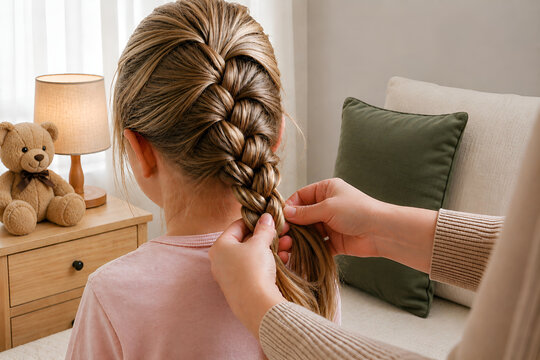 Mother braiding daughter's hair in a cozy home bedroom