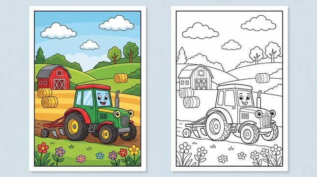 Farm tractor working in fields with red barn coloring page for children