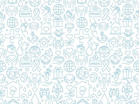 Charity and donation seamless pattern background with thin line icons