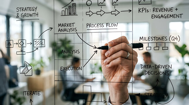 Business professional drawing a complex strategic process flow chart on a glass wall in modern office.