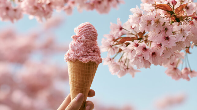 Cherry blossom ice cream waffle cone spring pink flower blue sky hand dessert soft light, sweet seasonal treat under blooming tree