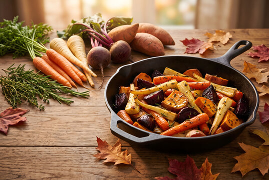 Roasted autumn root vegetables with herbs in rustic harvest presentation